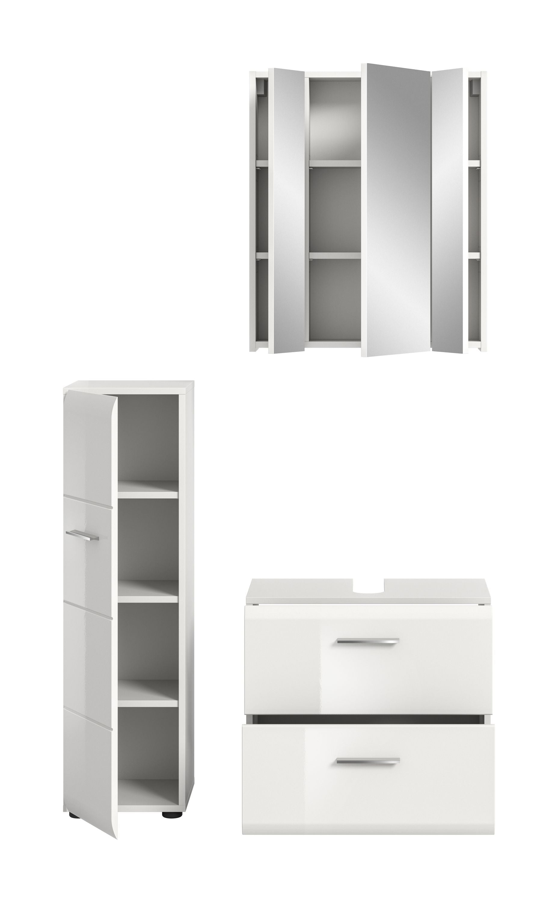 Badmöbel-Set in Weiß mit offenen Türen: Hochschrank und Waschtischunterschrank