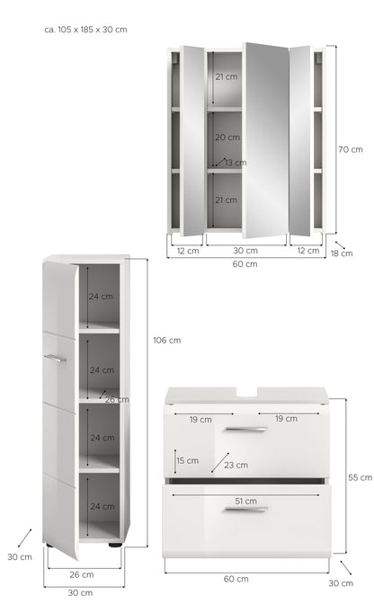 Badmöbel-Set mit Maßen: Hochschrank und Waschtischunterschrank sowie Spiegelschrank