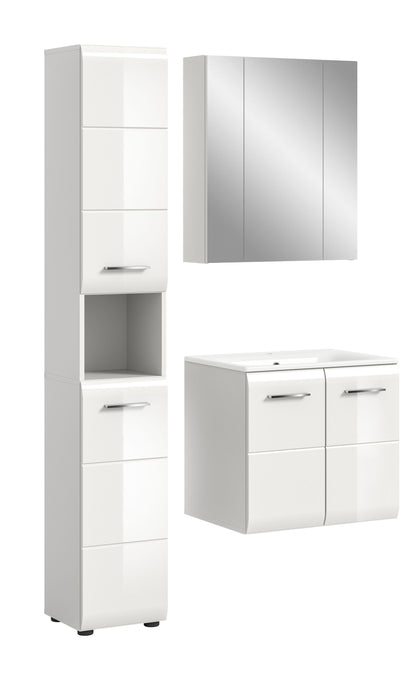 Weißes 4-teiliges Badmöbel-Set mit Hochschrank, Spiegelschrank und Waschtischunterschrank
