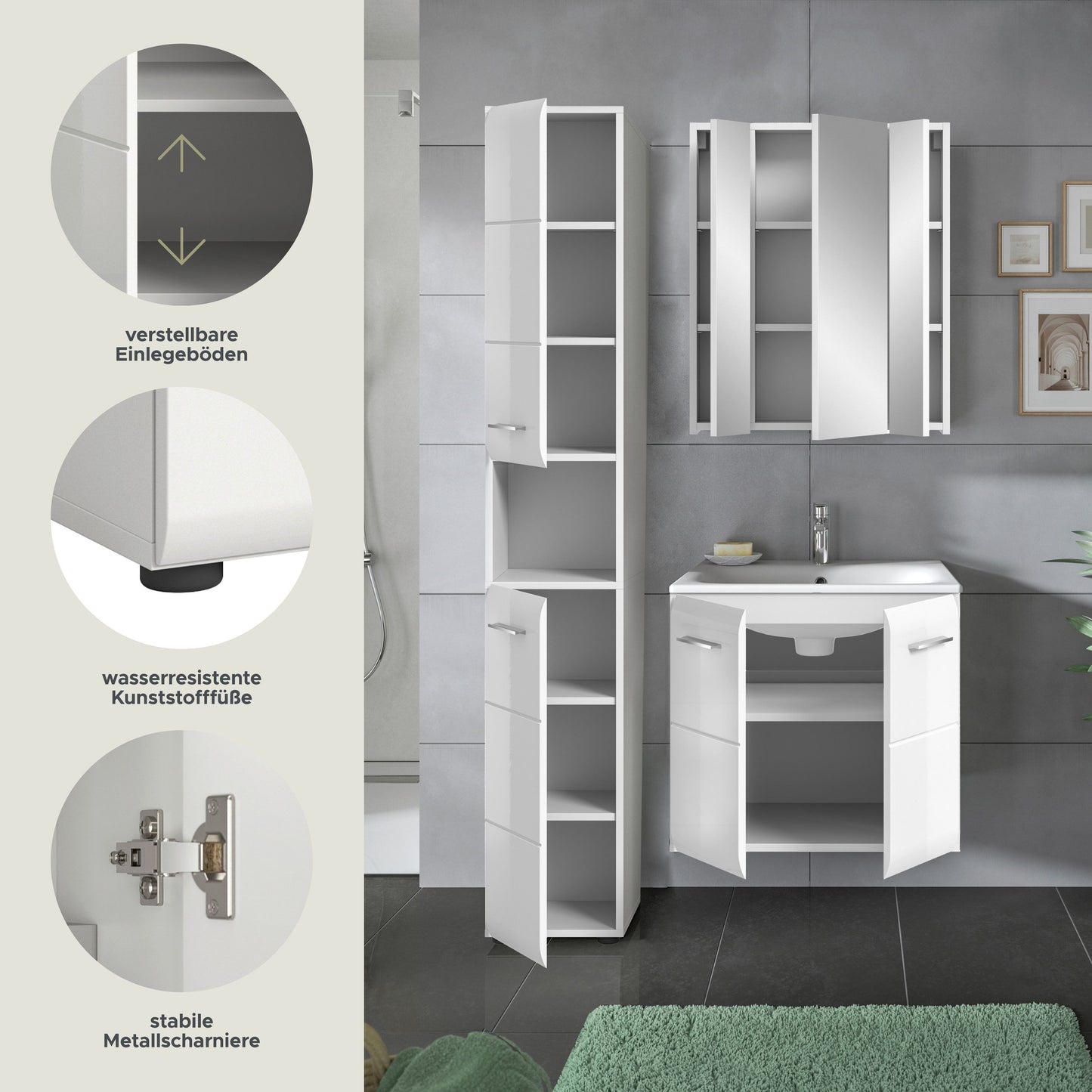 Badmöbel-Set mit Hochschrank und Waschtischunterschrank, Spiegelschrank mit offenen Türen