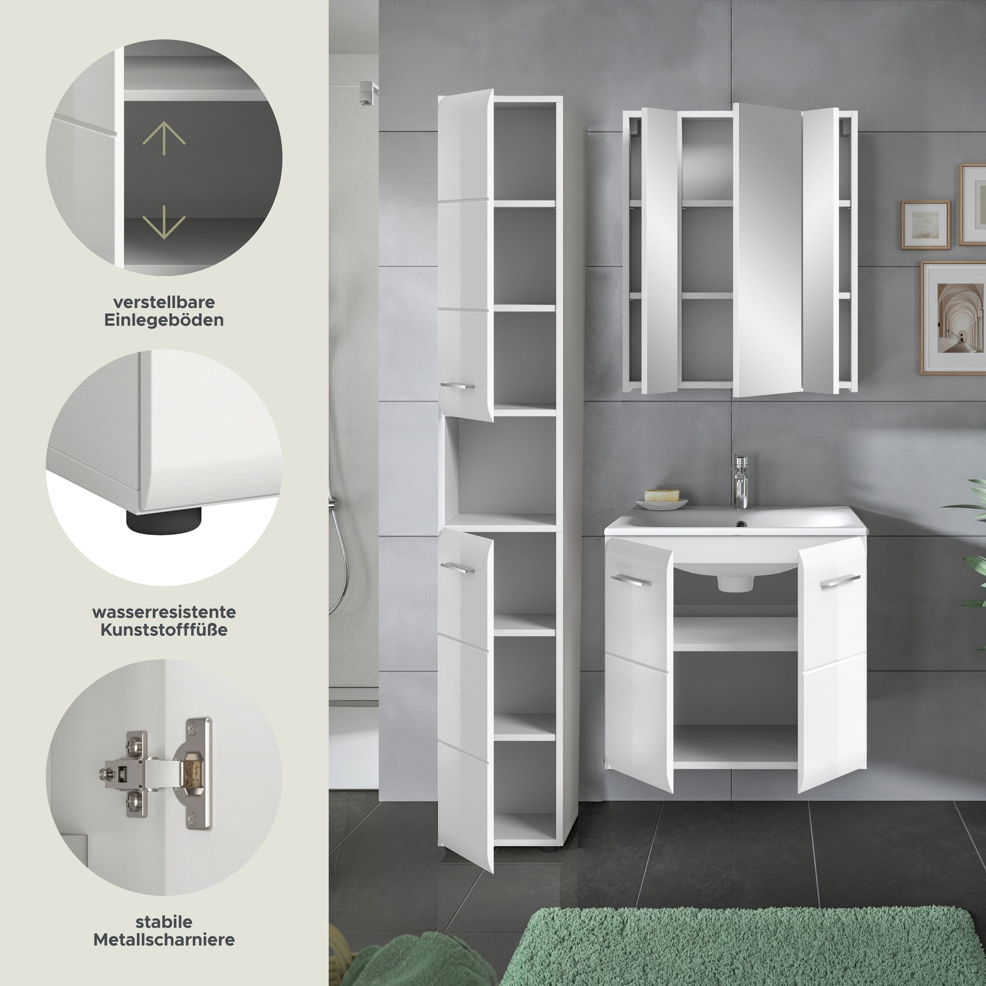 Badmöbel-Set mit Hochschrank und Waschtischunterschrank, Spiegelschrank mit offenen Türen