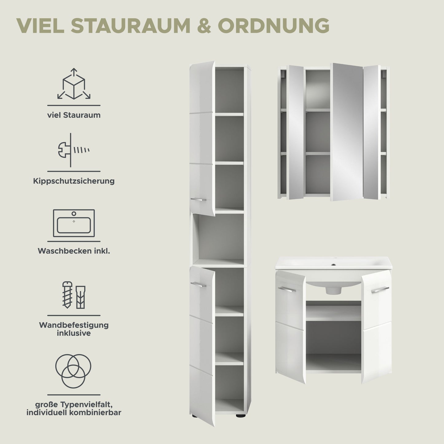 Badmöbel-Set: Hochschrank und Waschtischunterschrank im Detail, mit Spiegelschrank