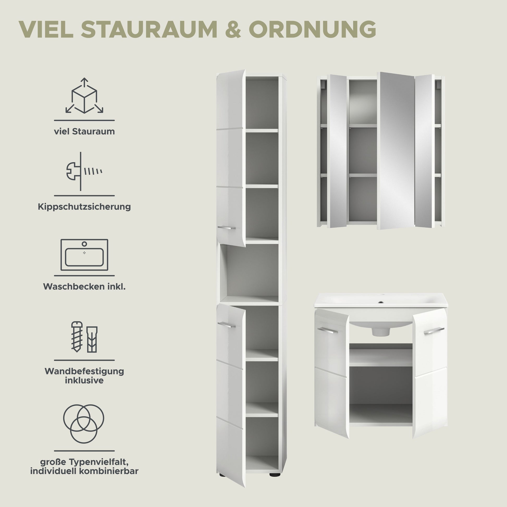 Badmöbel-Set: Hochschrank und Waschtischunterschrank im Detail, mit Spiegelschrank