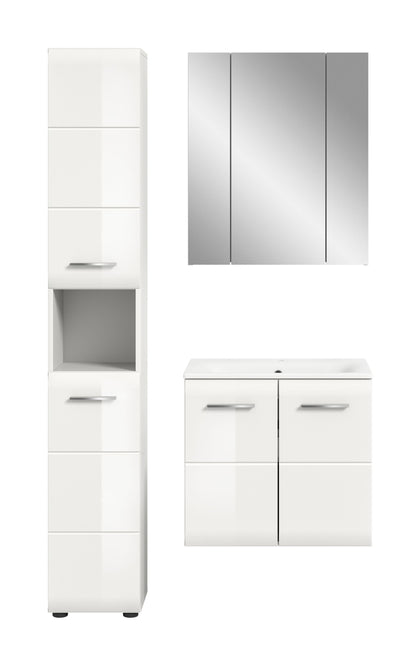 Badmöbel-Set weiß mit Spiegelschrank und Waschtischunterschrank, Hochschrank links