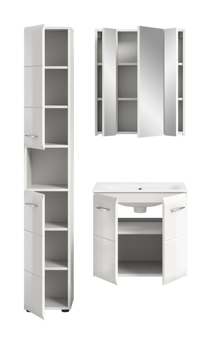 Badmöbel-Set mit geöffneten Türen: Hochschrank und Waschtisch-Unterschrank, weiß