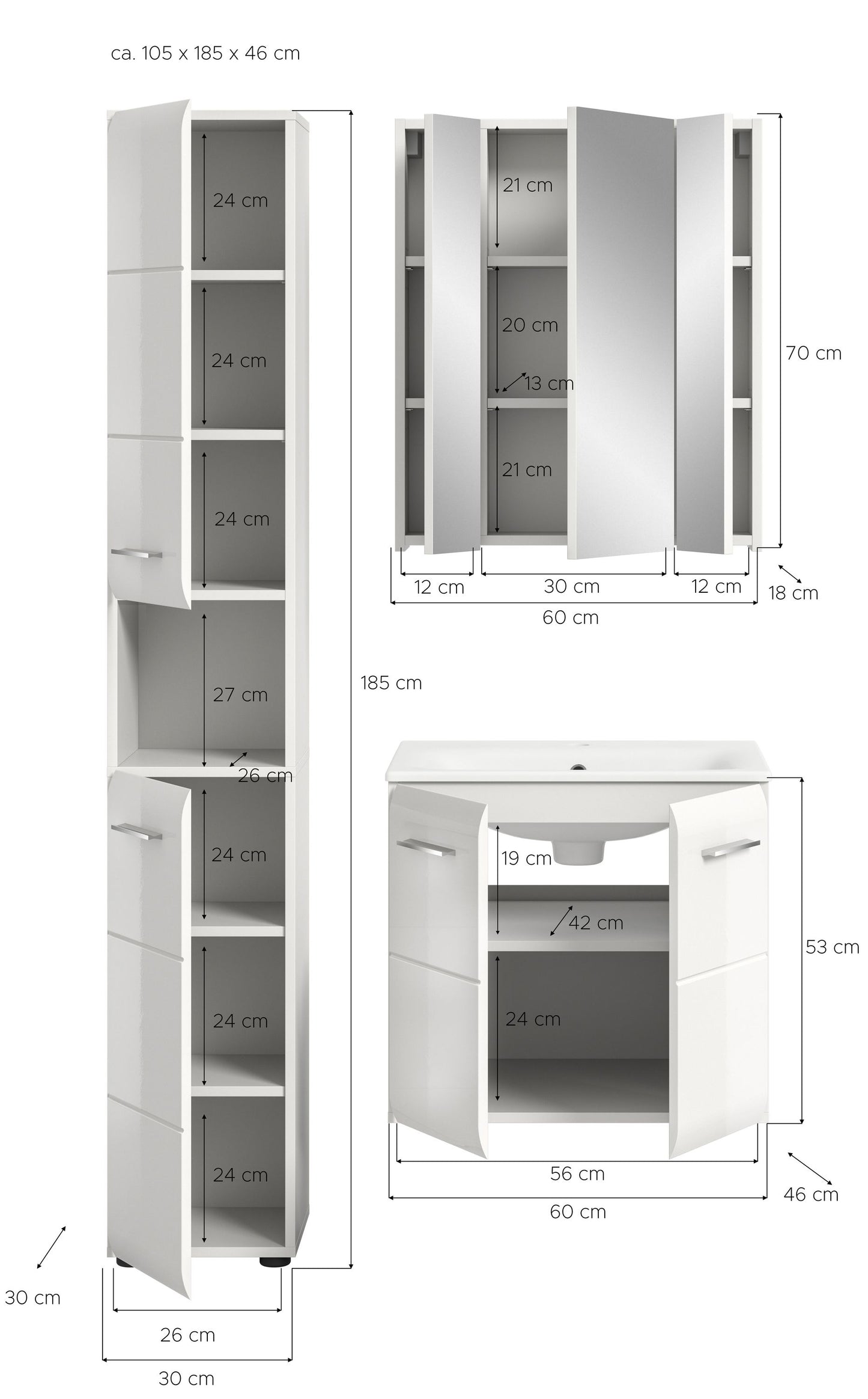 Badmöbel-Set im Maßbild: Hochschrank, Spiegelschrank und Waschtisch-Unterschrank