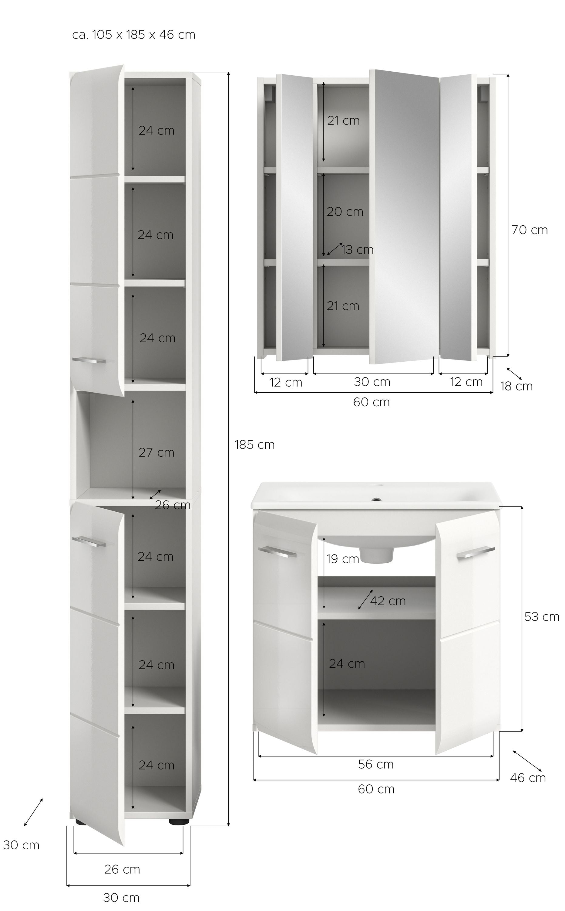 Badmöbel-Set im Maßbild: Hochschrank, Spiegelschrank und Waschtisch-Unterschrank