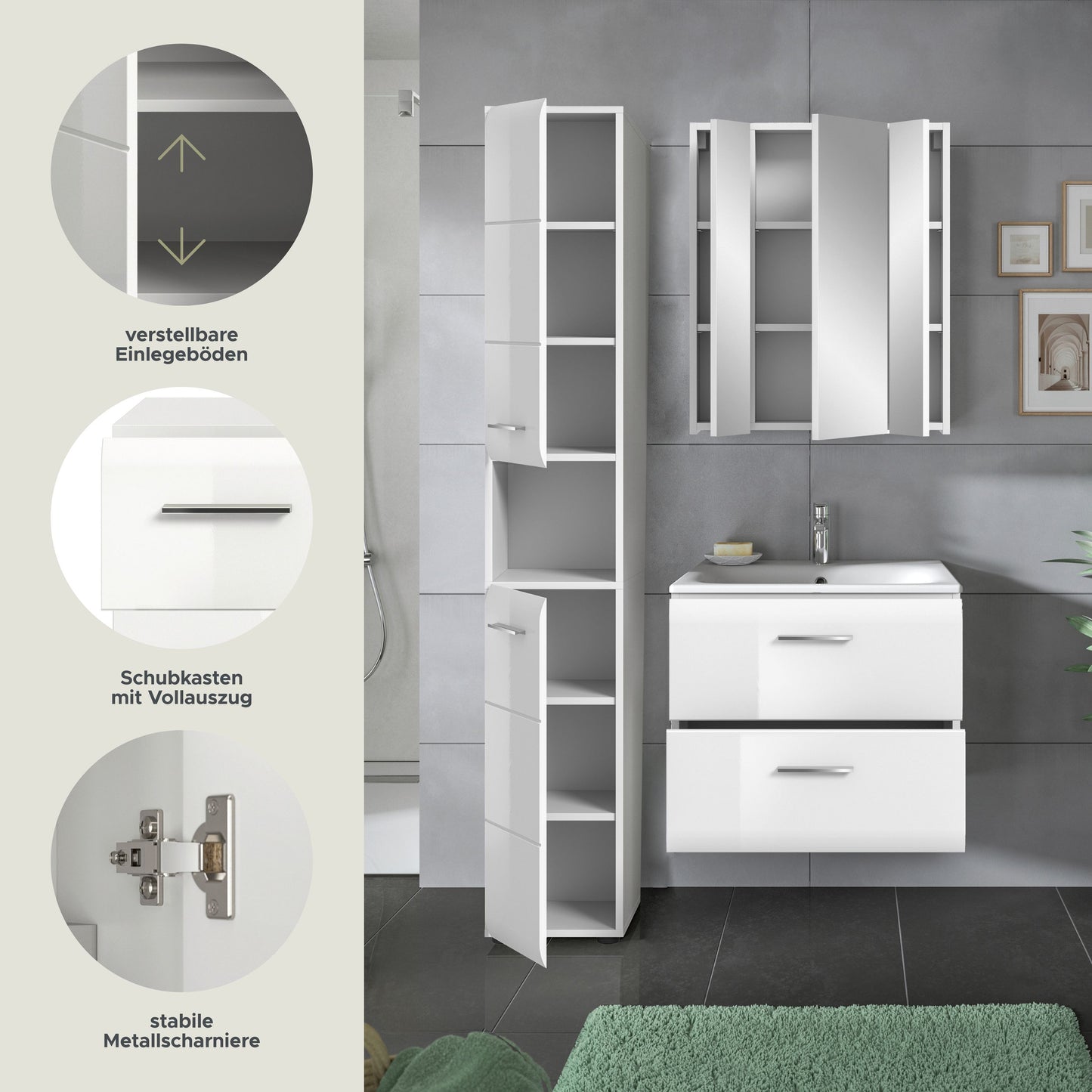 Badezimmer-Set von Homes & Jones: Hochschrank mit verstellbaren Einlegeböden und Waschtisch mit Schubladen.