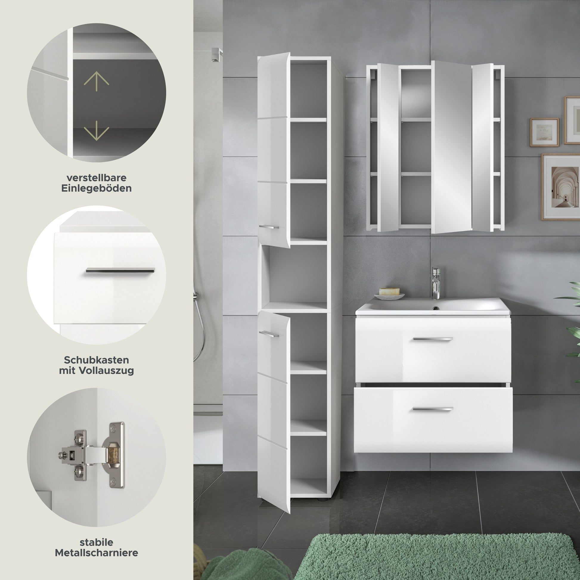 Badezimmer-Set von Homes & Jones: Hochschrank mit verstellbaren Einlegeböden und Waschtisch mit Schubladen.