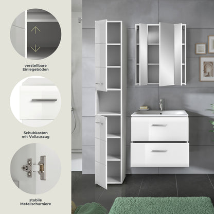Badezimmer-Set von Homes & Jones: Hochschrank mit verstellbaren Einlegeböden und Waschtisch mit Schubladen.