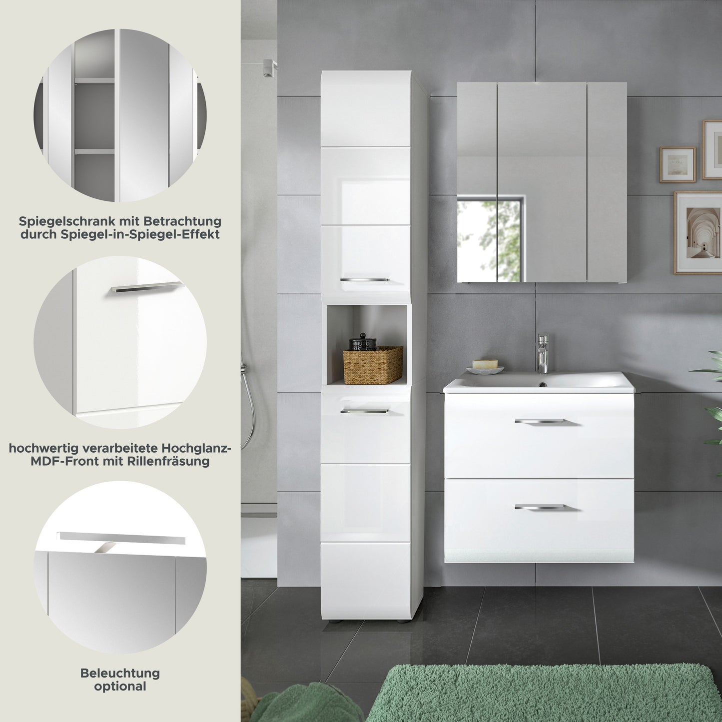 Badezimmer-Set von Homes & Jones: Hochschrank mit Fächern und Spiegel-/Schrank über dem Waschtisch.