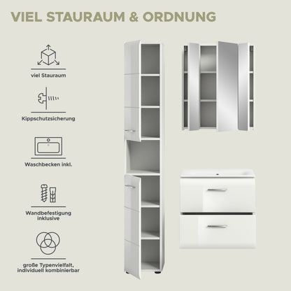 Badezimmer-Set von Homes & Jones: Hochschrank und Waschtisch-Modul, mit Funktionsgrafik links.