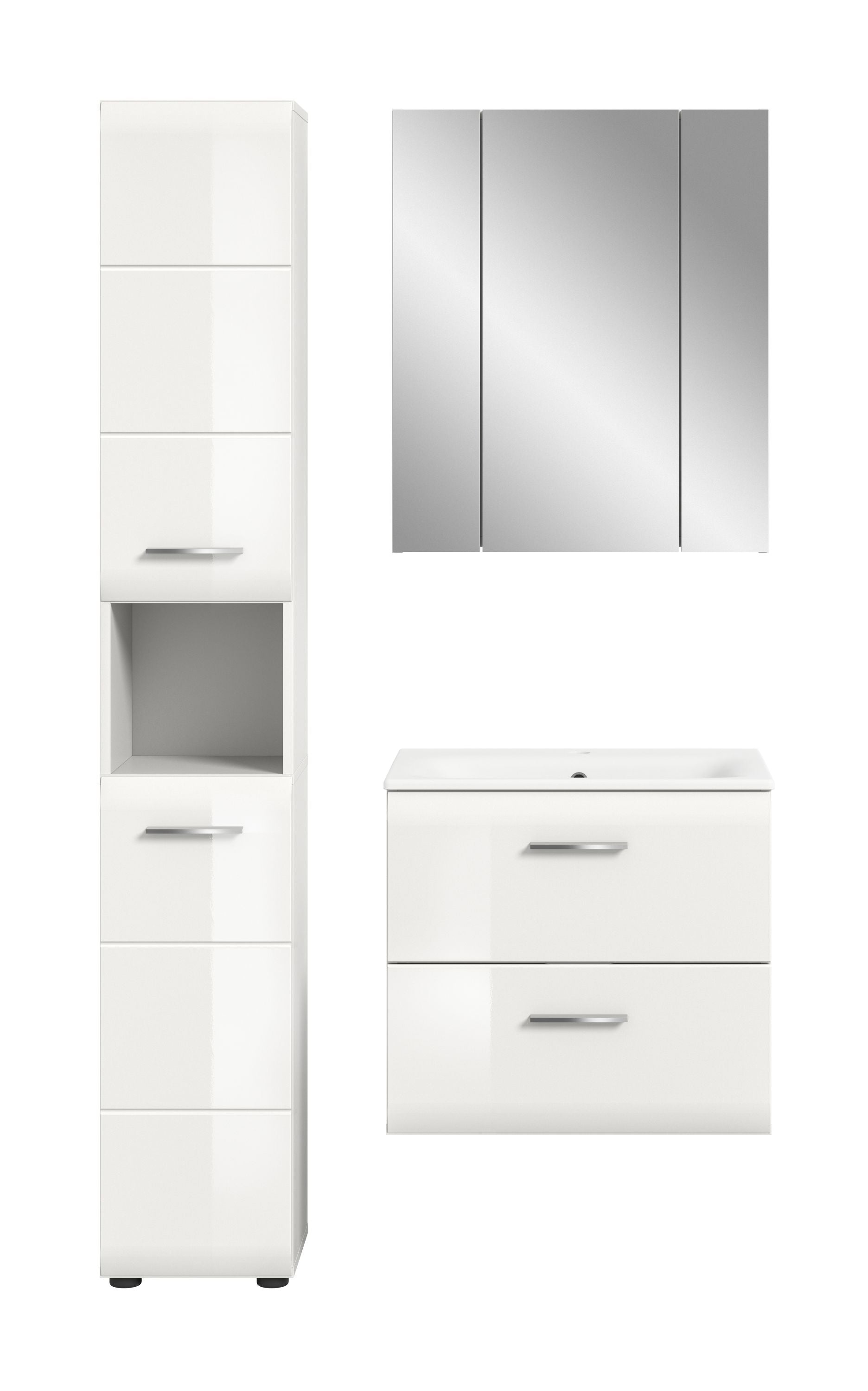 Badezimmer-Set von Homes & Jones: weißer Waschtischunterschrank mit zwei Schubladen und Hochschrank.