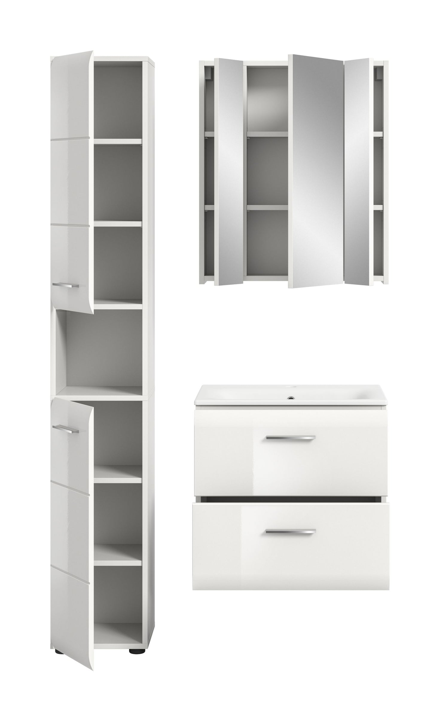 Badezimmer-Set von Homes & Jones: weißer Hochschrank mit offenen Fächern und Waschtisch-Unterschrank.