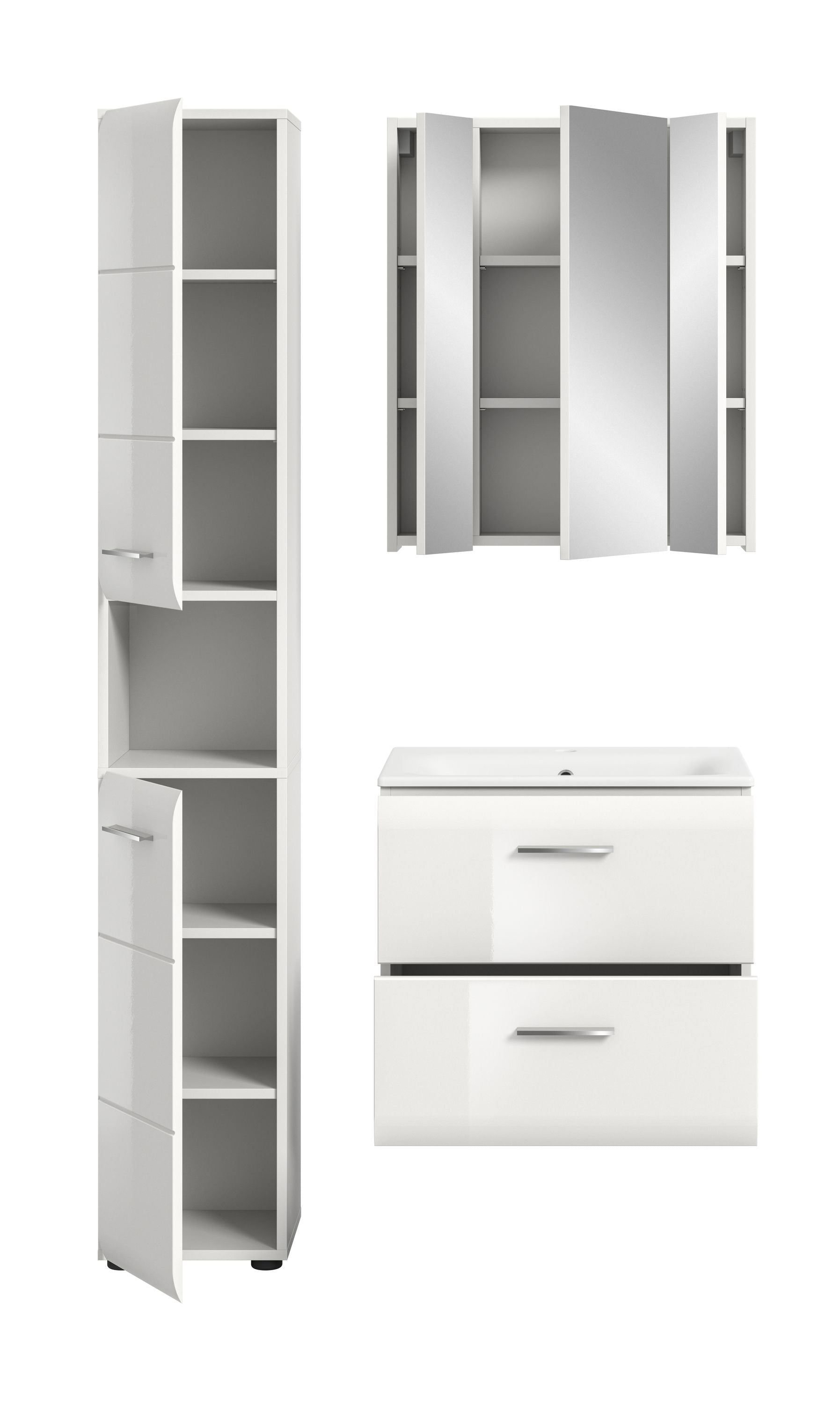 Badezimmer-Set von Homes & Jones: weißer Hochschrank mit offenen Fächern und Waschtisch-Unterschrank.