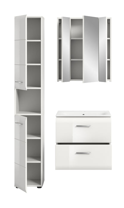 Badezimmer-Set von Homes & Jones: weißer Hochschrank mit offenen Fächern und Waschtisch-Unterschrank.