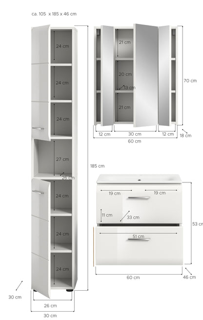 Badezimmer-Set von Homes & Jones mit Maßangaben: Hochschrank links, Waschtisch-Modul rechts.