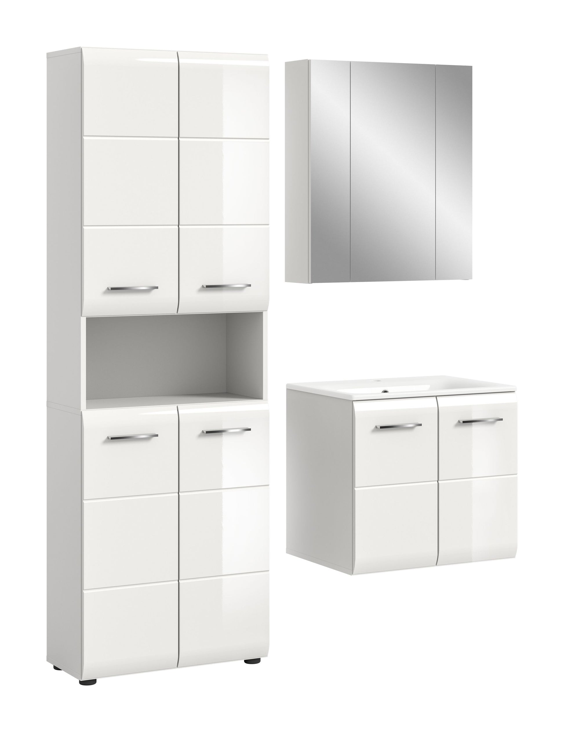 Weißes Badmöbelset mit Hochschrank und Unterschrank mit eingebautem Waschbecken