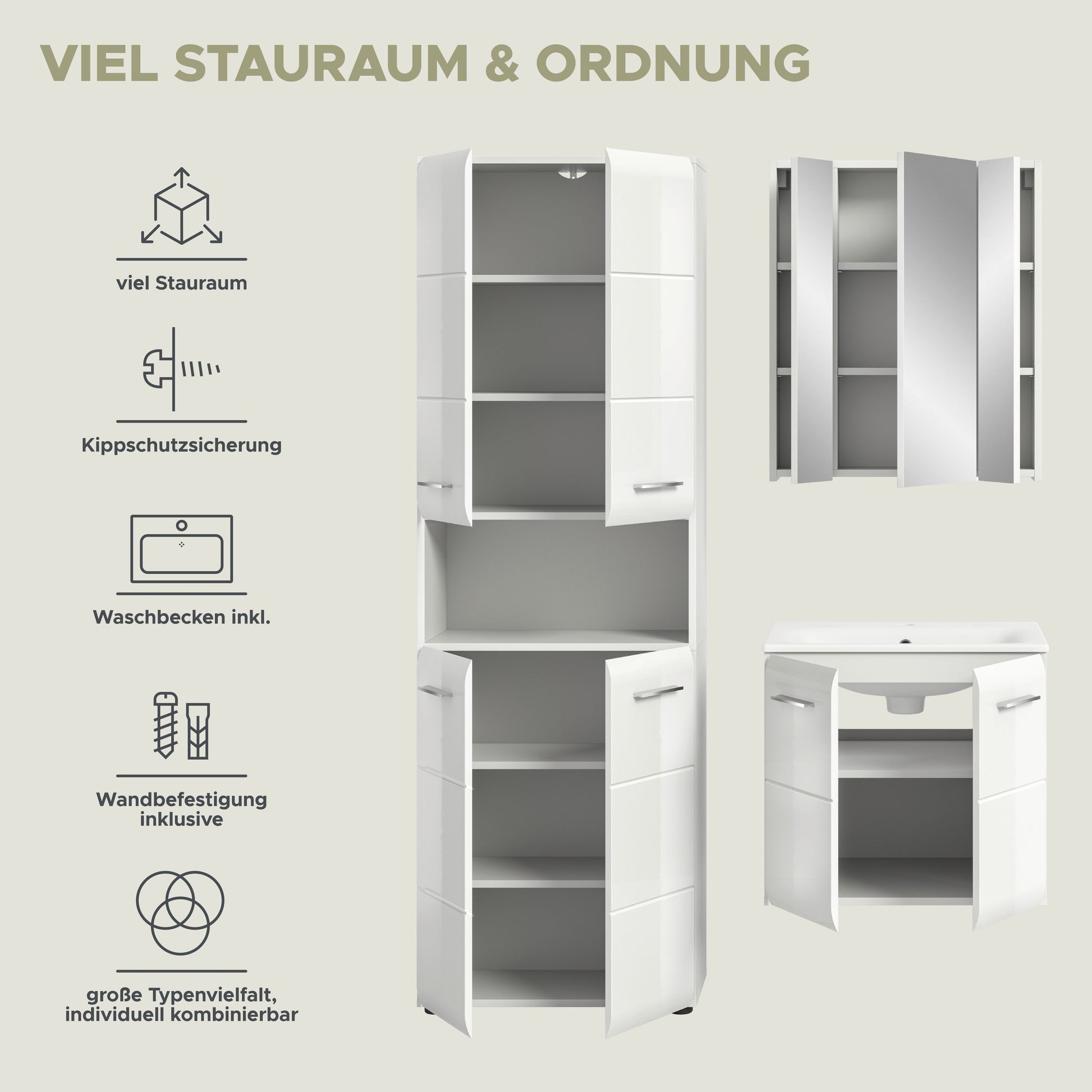 Badmöbelset mit Funktionsübersicht: Hochschrank und Waschbecken-Unterschrank im Set