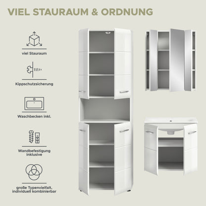 Badmöbelset mit Funktionsübersicht: Hochschrank und Waschbecken-Unterschrank im Set
