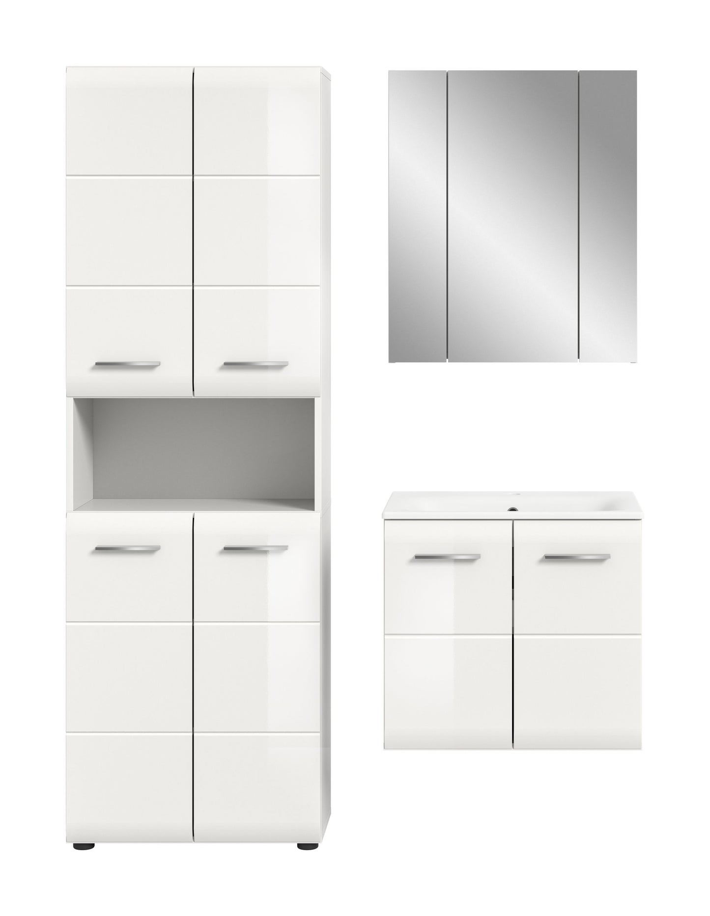 Weißes Badmöbelset mit Hochschrank und Unterschrank mit Waschbecken sowie Spiegelschrank