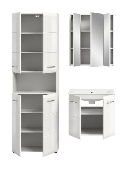 Weißes Badmöbelset im Blick auf offene Fächer: Hochschrank und Waschbecken-Unterschrank