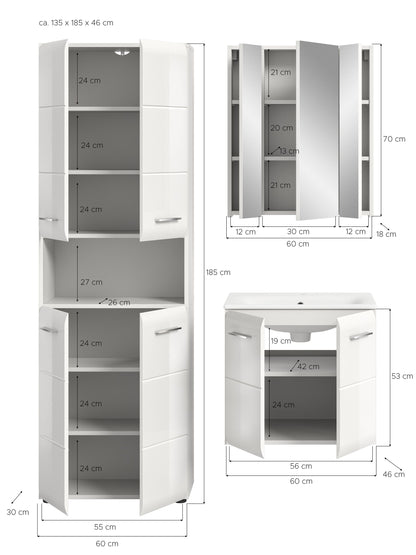 Badmöbelset mit Maßangaben: Hochschrank und Unterschrank mit Waschbecken