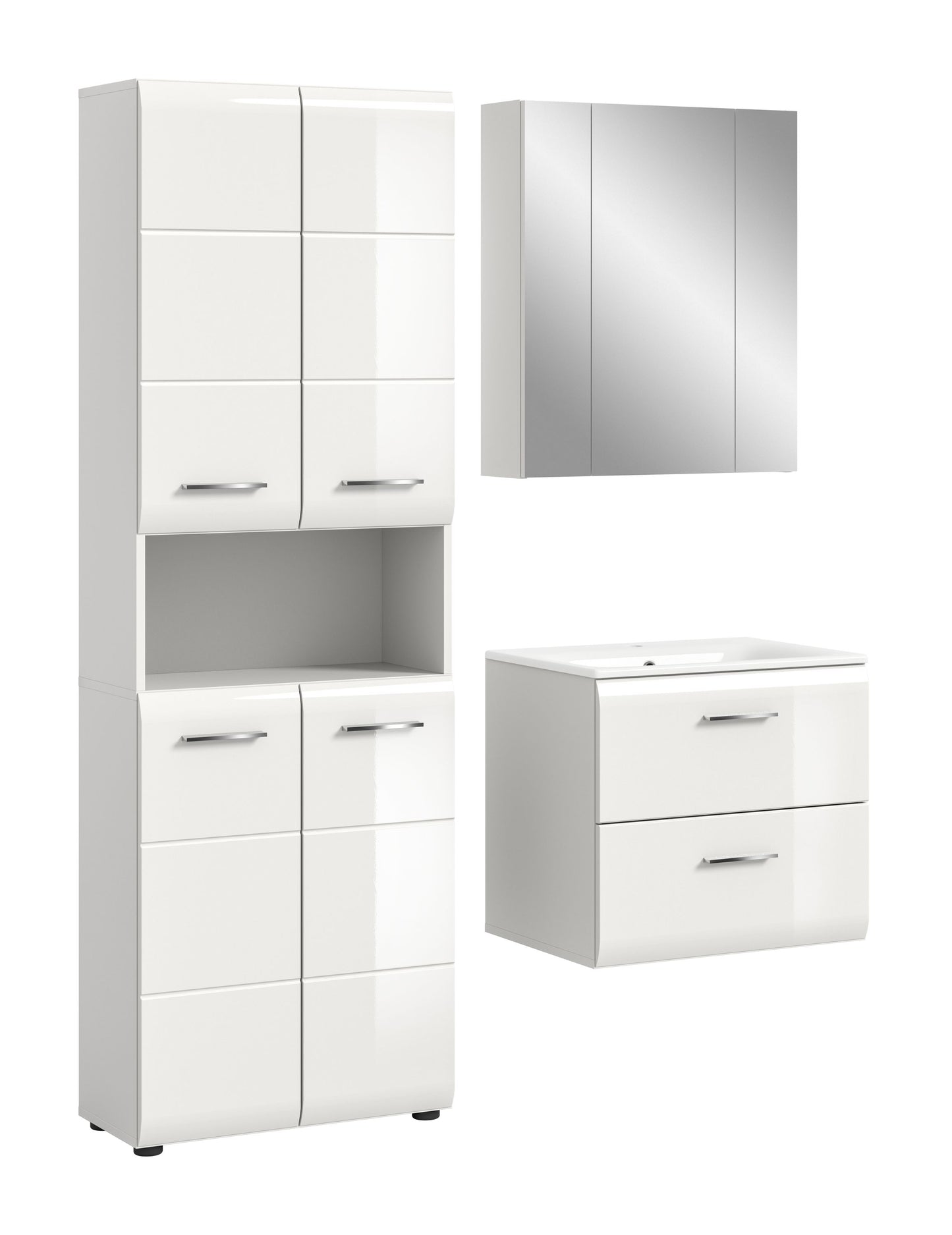 Weißes 4-teiliges Badmöbel-Set mit Hochschrank, Spiegelschrank und Waschtischunterschrank