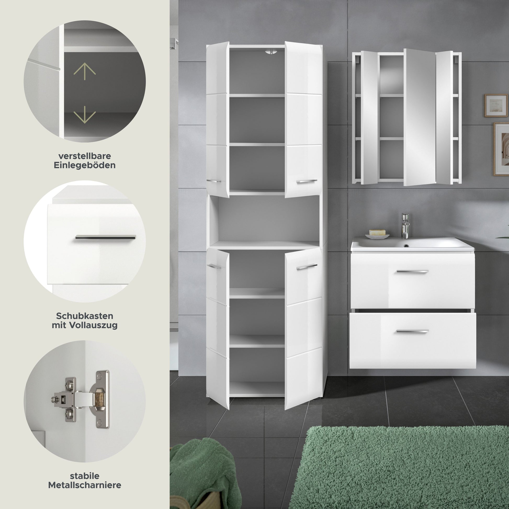 Badmöbel-Set mit geöffnetem Hochschrank; verstellbarer Einlegeboden und Schubkasten