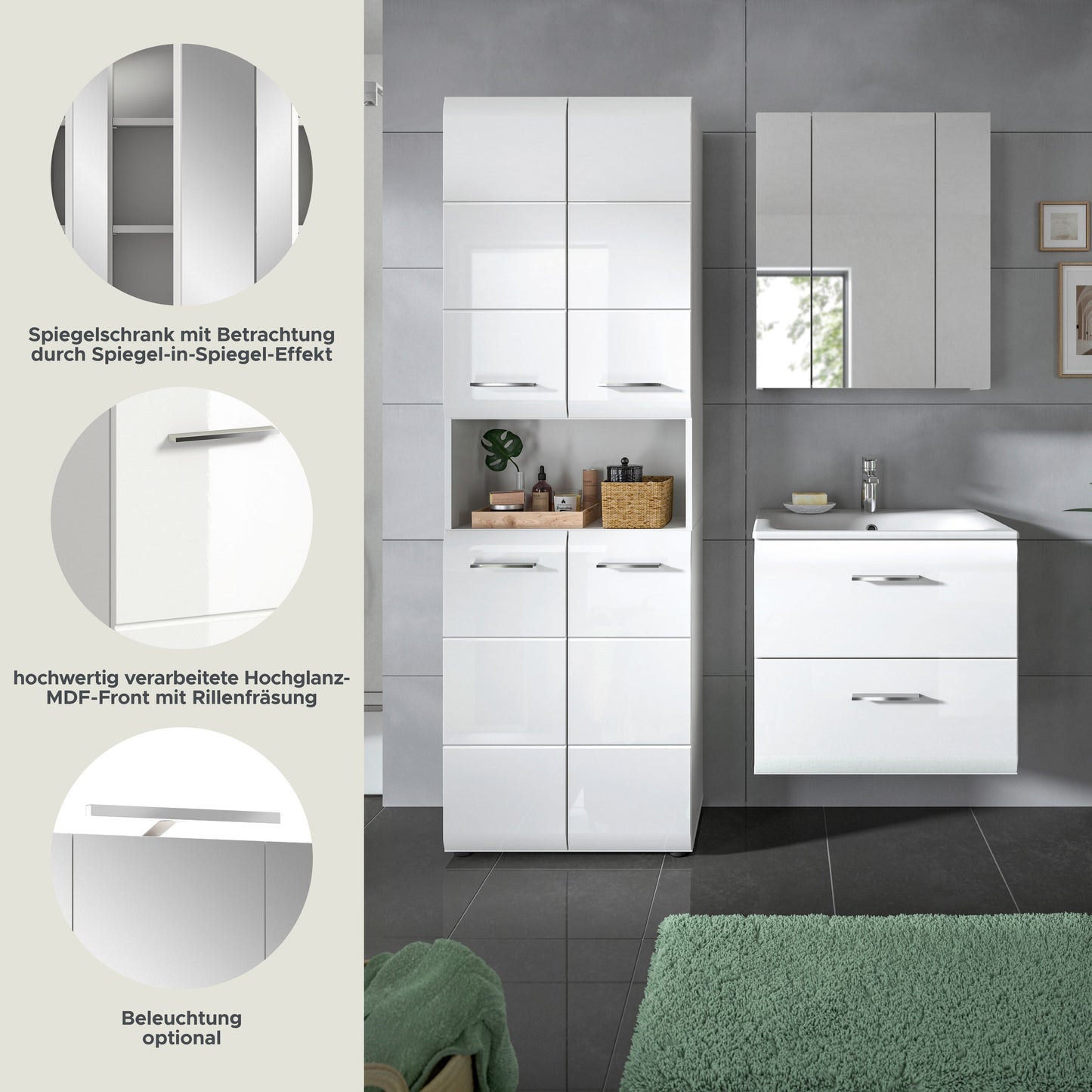 Badmöbel-Set mit Spiegelschrank und weißem Waschtischunterschrank, Schubfächern