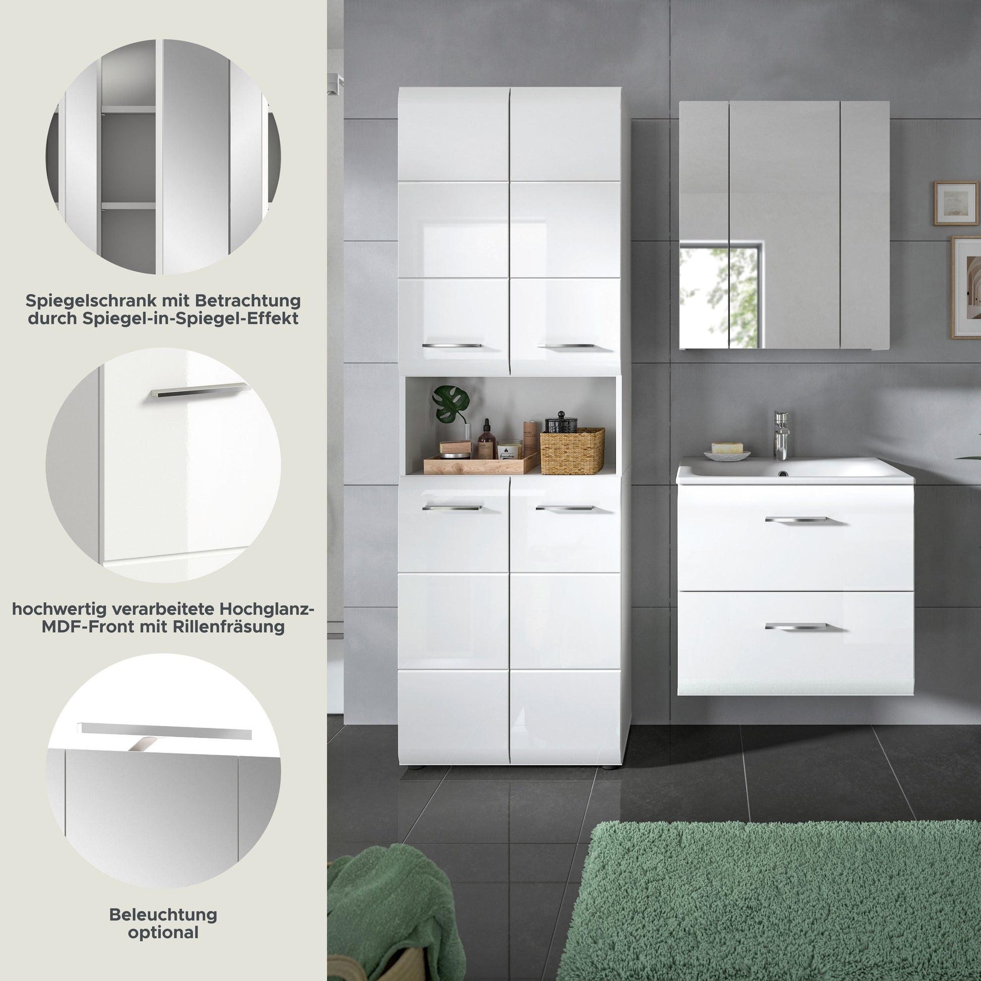 Badmöbel-Set mit Spiegelschrank und weißem Waschtischunterschrank, Schubfächern