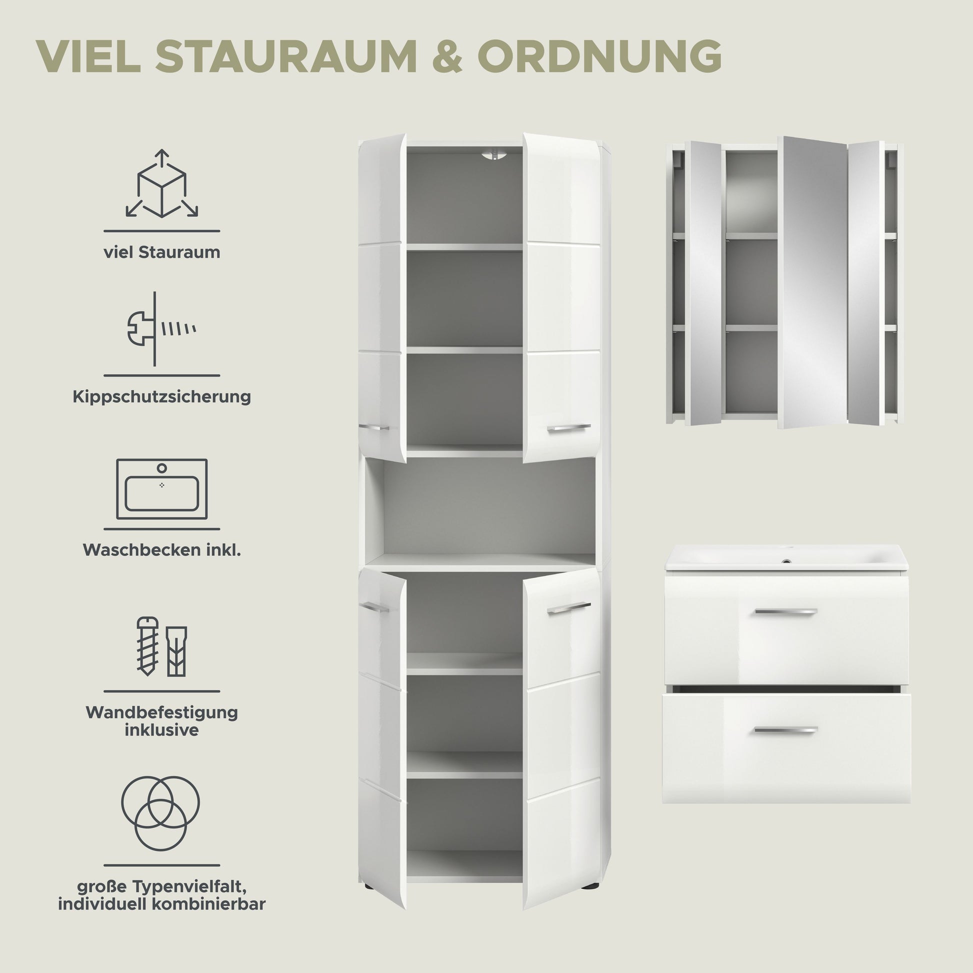 Offenes Badmöbel-Set mit Hochschrank und Waschtischunterschrank; Stauraumfächer sichtbar