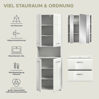 Offenes Badmöbel-Set mit Hochschrank und Waschtischunterschrank; Stauraumfächer sichtbar