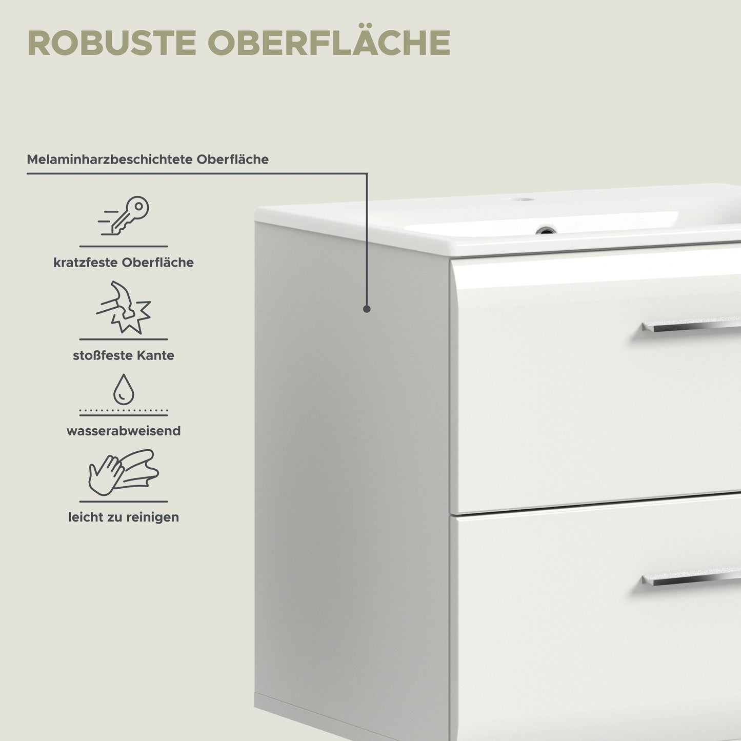 Weiße Badmöbel-Front mit Metallgriff und glatter, melaminbeschichteter Oberfläche