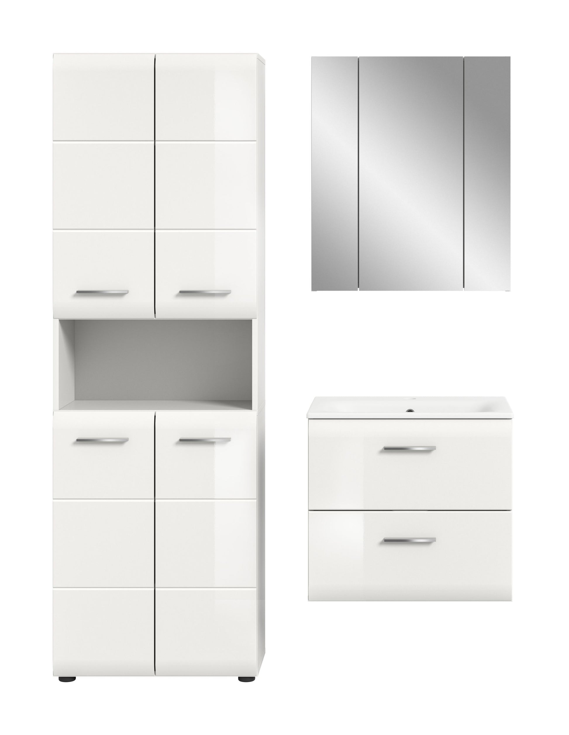Weißes Badezimmermöbel-Set mit Hochschrank, Spiegelschrank und Waschtischunterschrank