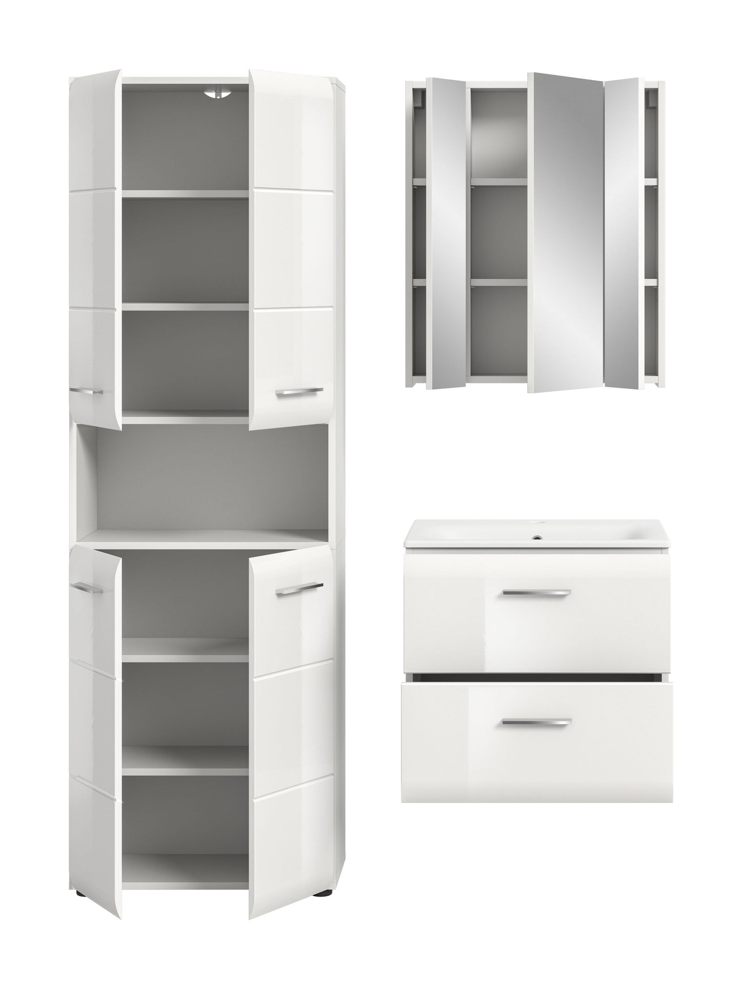 Weißes Badmöbel-Set mit Hochschrank und Waschtischunterschrank; Innenfächer im Blick