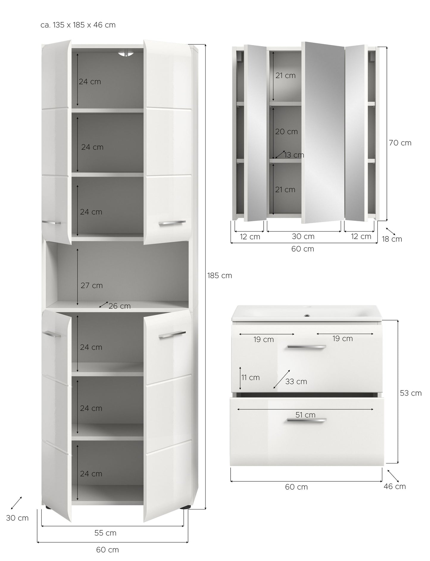 Badmöbel-Set mit Maßen: Hochschrank und Waschtischunterschrank, weiß, Schranktüren & Schübe