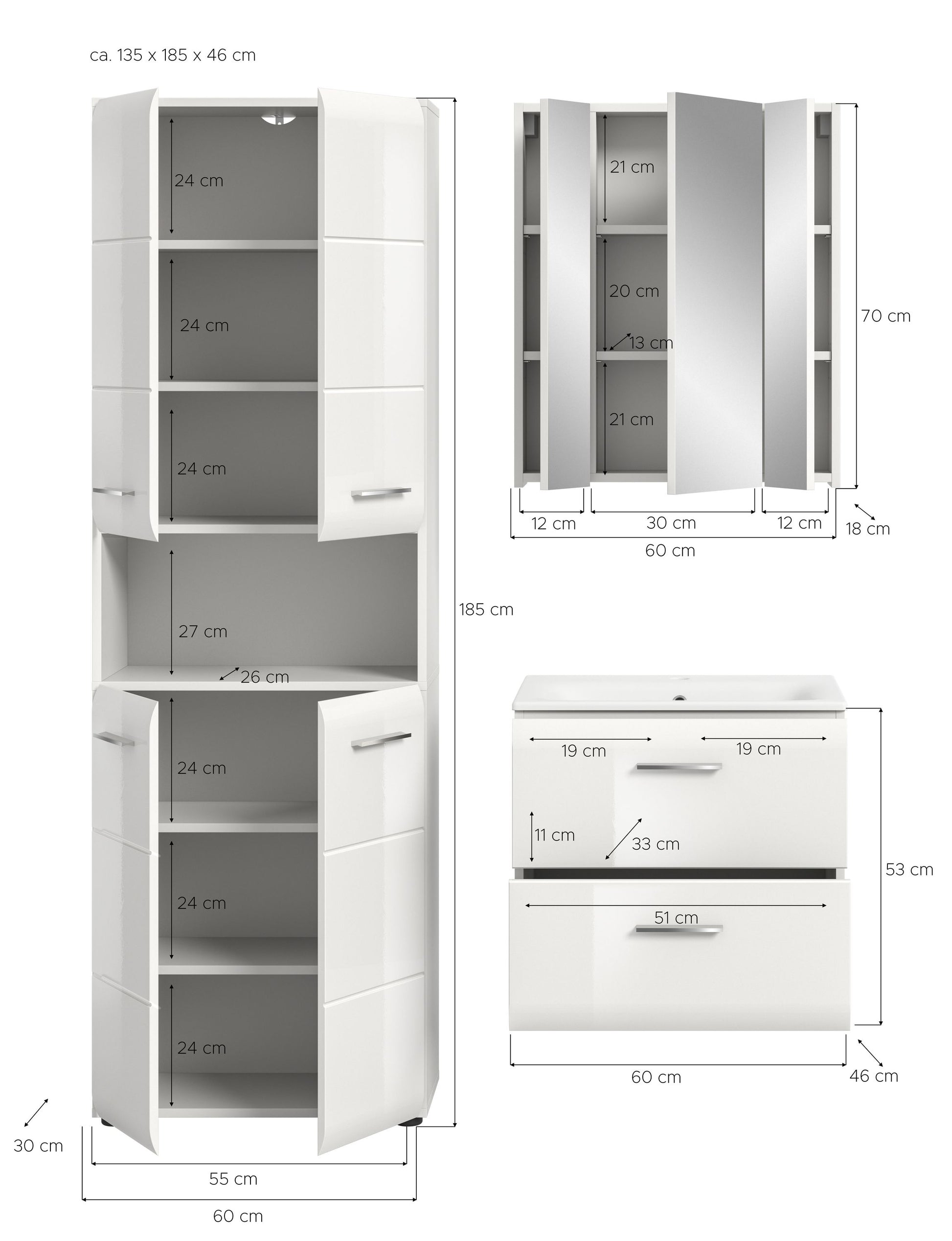 Badmöbel-Set mit Maßen: Hochschrank und Waschtischunterschrank, weiß, Schranktüren & Schübe