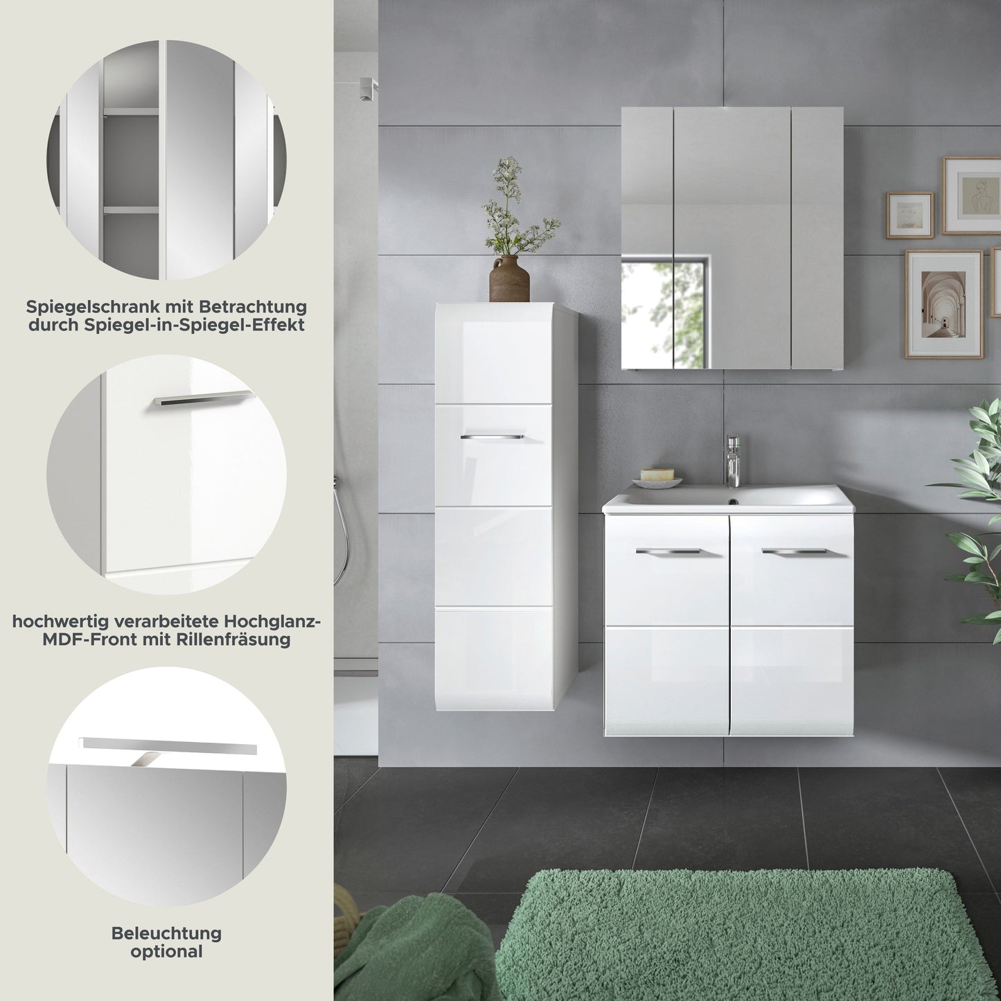 Badezimmer-Set mit Spiegelschrank, Hochschrank und Waschtisch-Unterschrank, weiß
