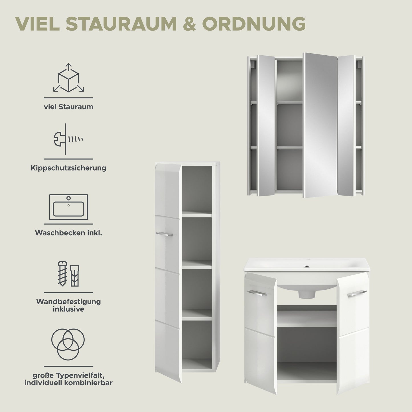 Badezimmer-Set: offener Spiegelschrank, Hochschrank und Waschtisch-Unterschrank, weiß