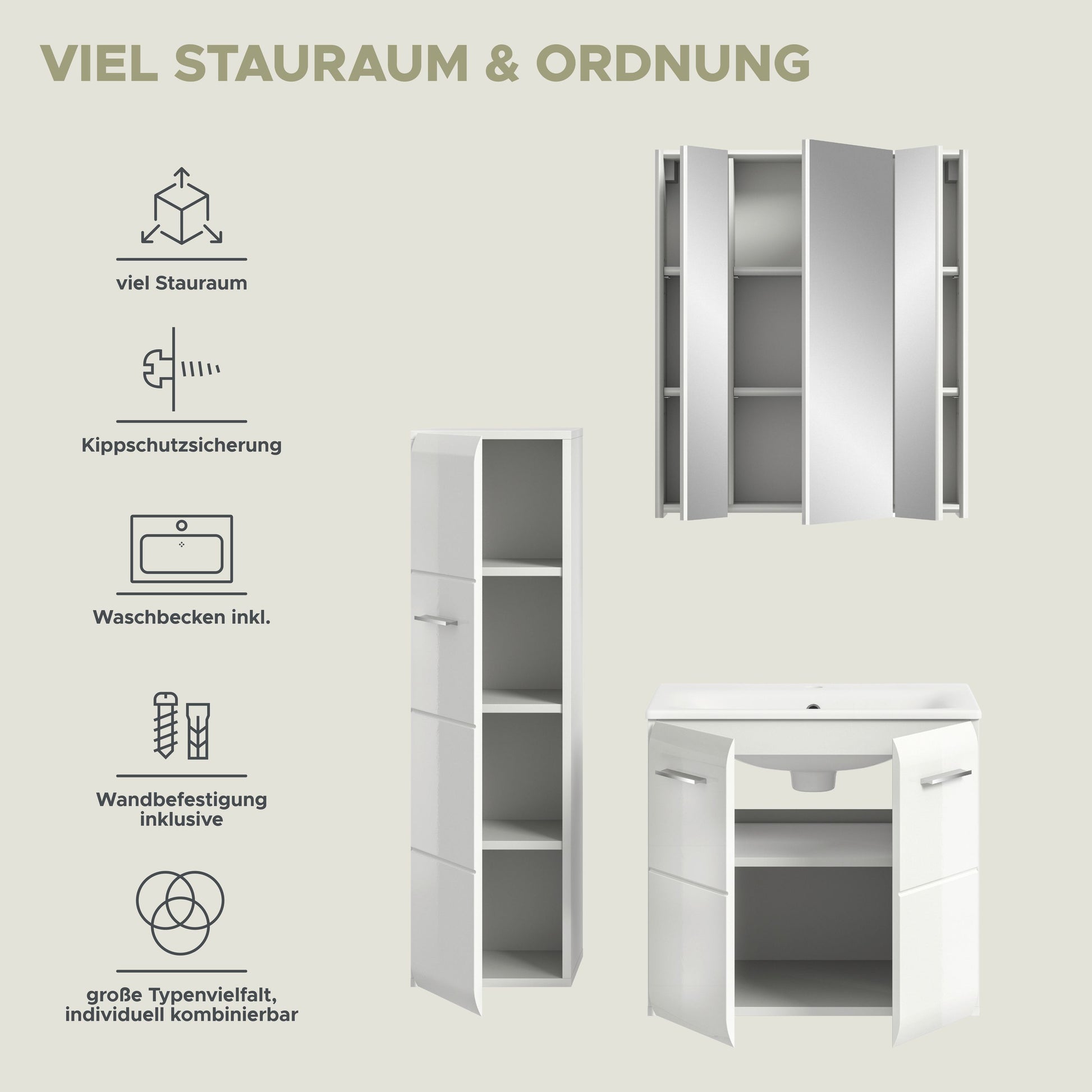 Badezimmer-Set: offener Spiegelschrank, Hochschrank und Waschtisch-Unterschrank, weiß