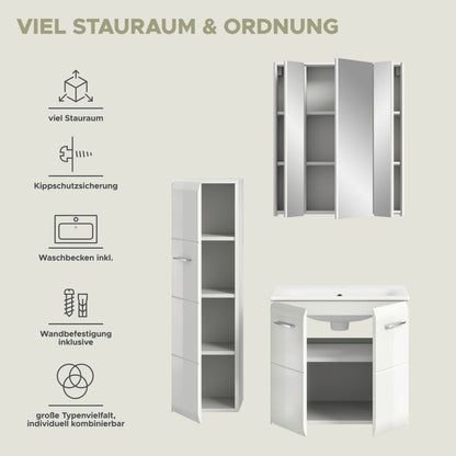 Badezimmer-Set: offener Spiegelschrank, Hochschrank und Waschtisch-Unterschrank, weiß