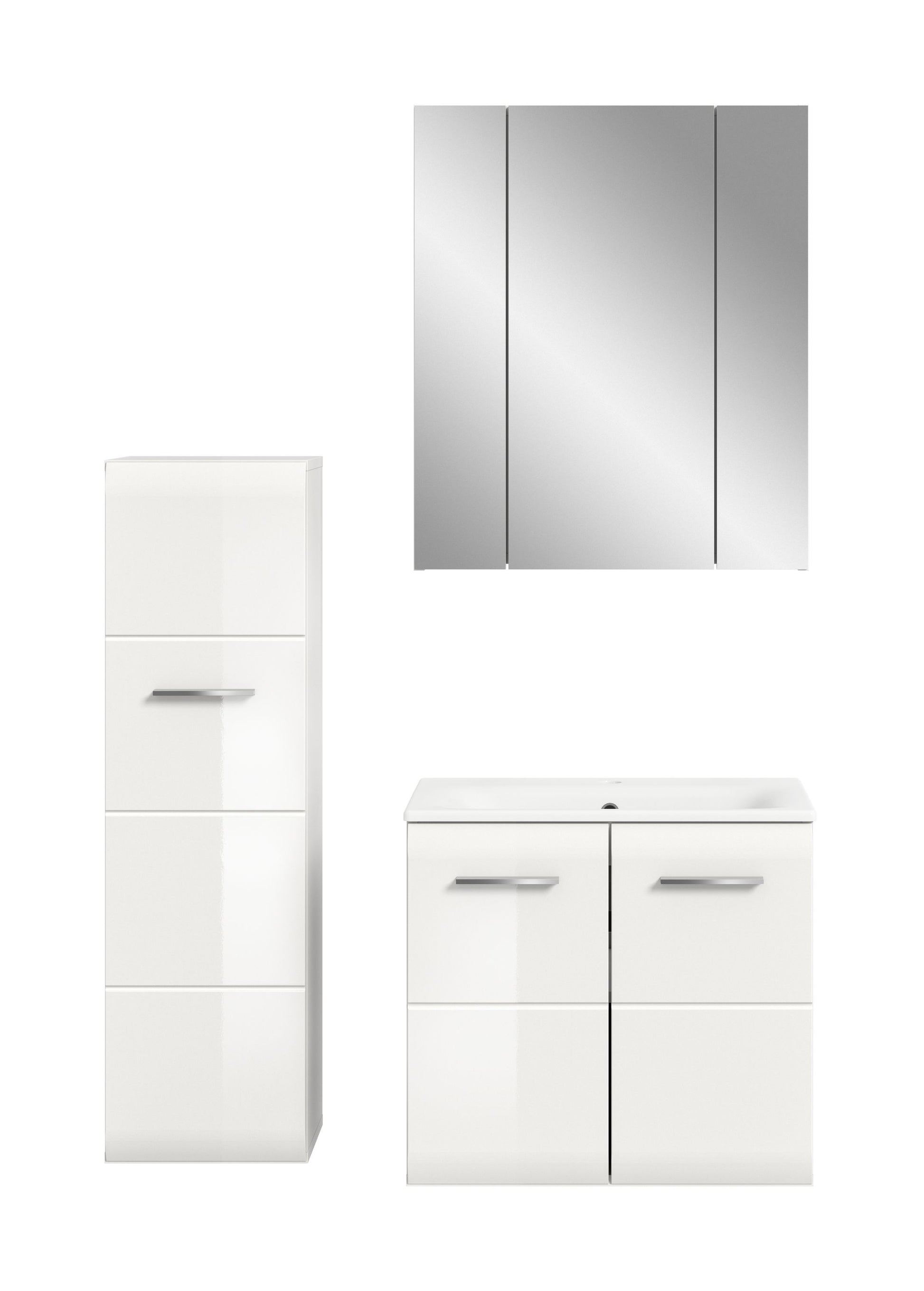 Badezimmer-Set: Spiegelschrank mit grauen Fronten, Waschtischunterschrank und Hochschrank, weiß