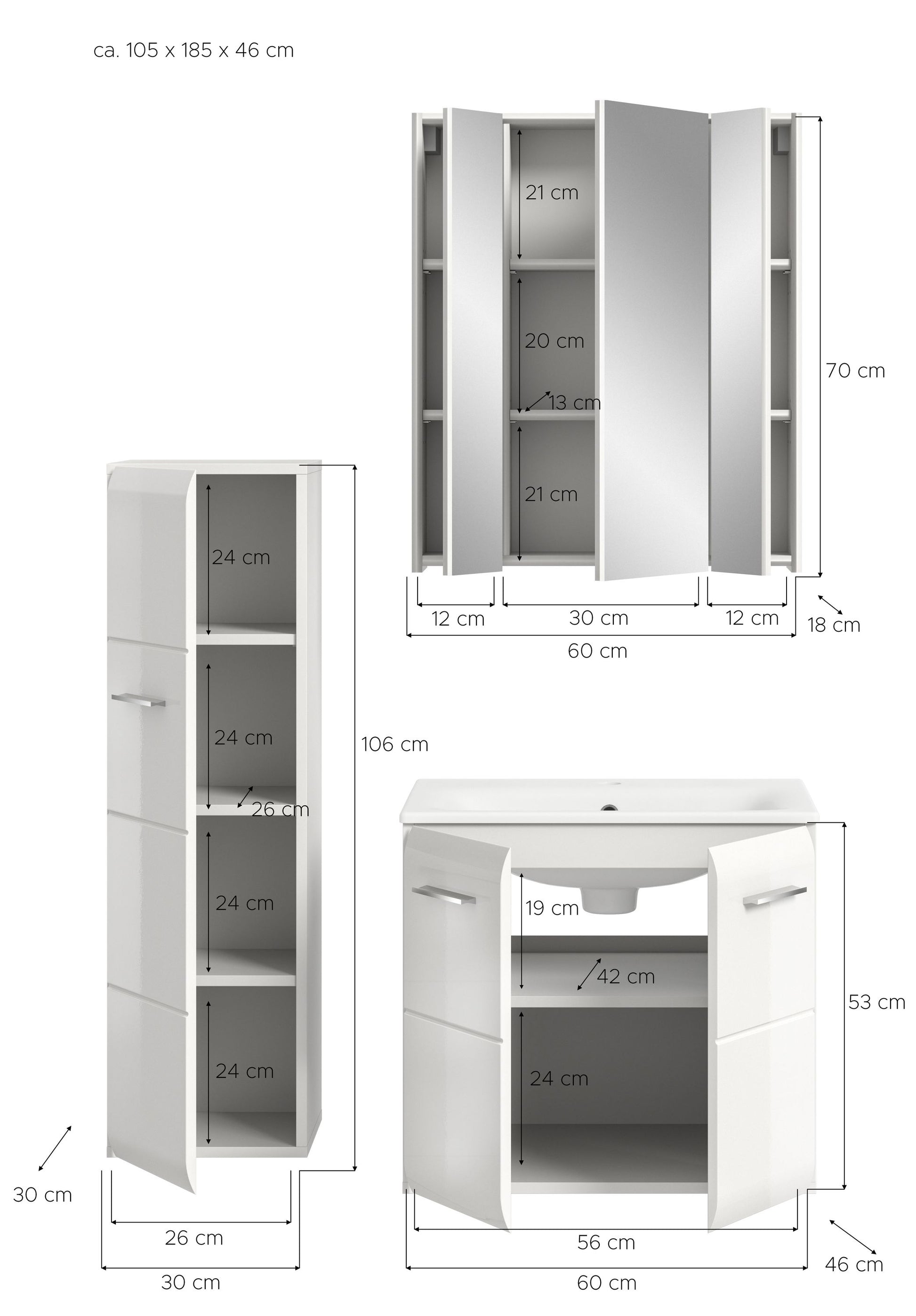 Badezimmer-Set (4-tlg.) mit offenem Hochschrank und Waschtischunterschrank, weiß