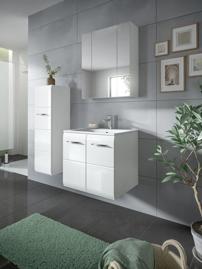 Badezimmer-Set: weißer Waschtisch-Unterschrank mit Schubfächern und Spiegelschrank