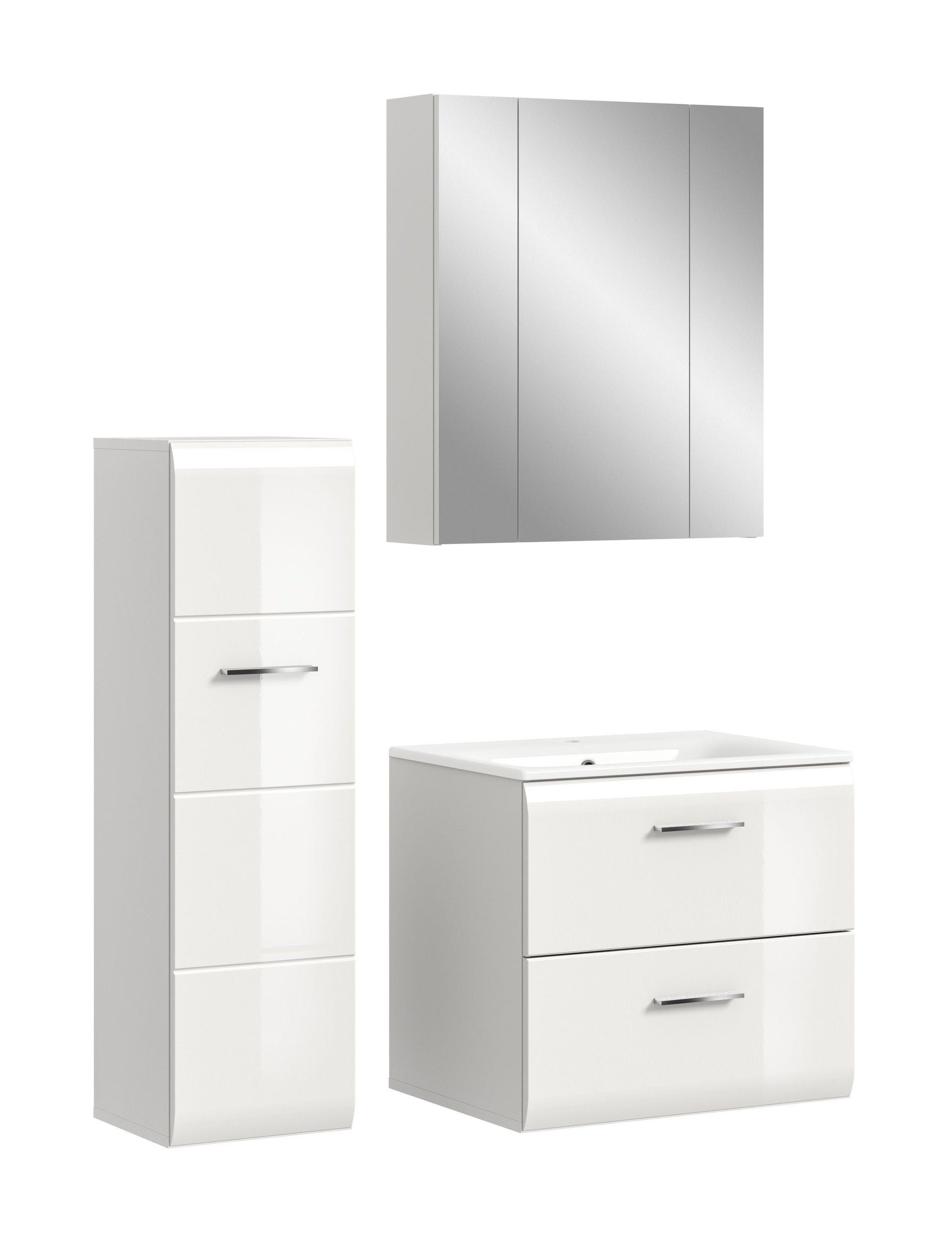 Badmöbel-Set: Spiegelschrank, Hochschrank und Waschtischunterschrank, weiß-grau