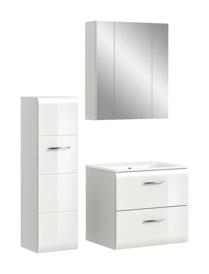 Badmöbel-Set: Spiegelschrank, Hochschrank und Waschtischunterschrank, weiß-grau