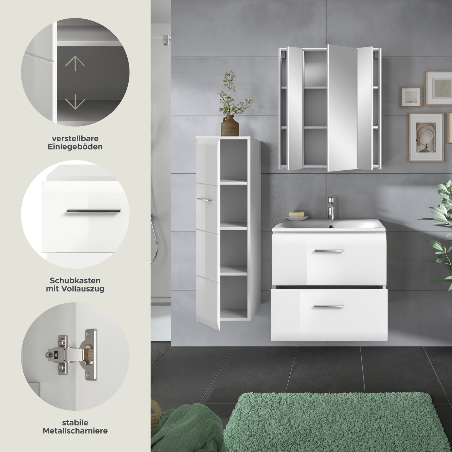 Badmöbel-Set mit Spiegelschrank, Hochschrank mit Einlegeböden und Waschtischunterschrank, weiß