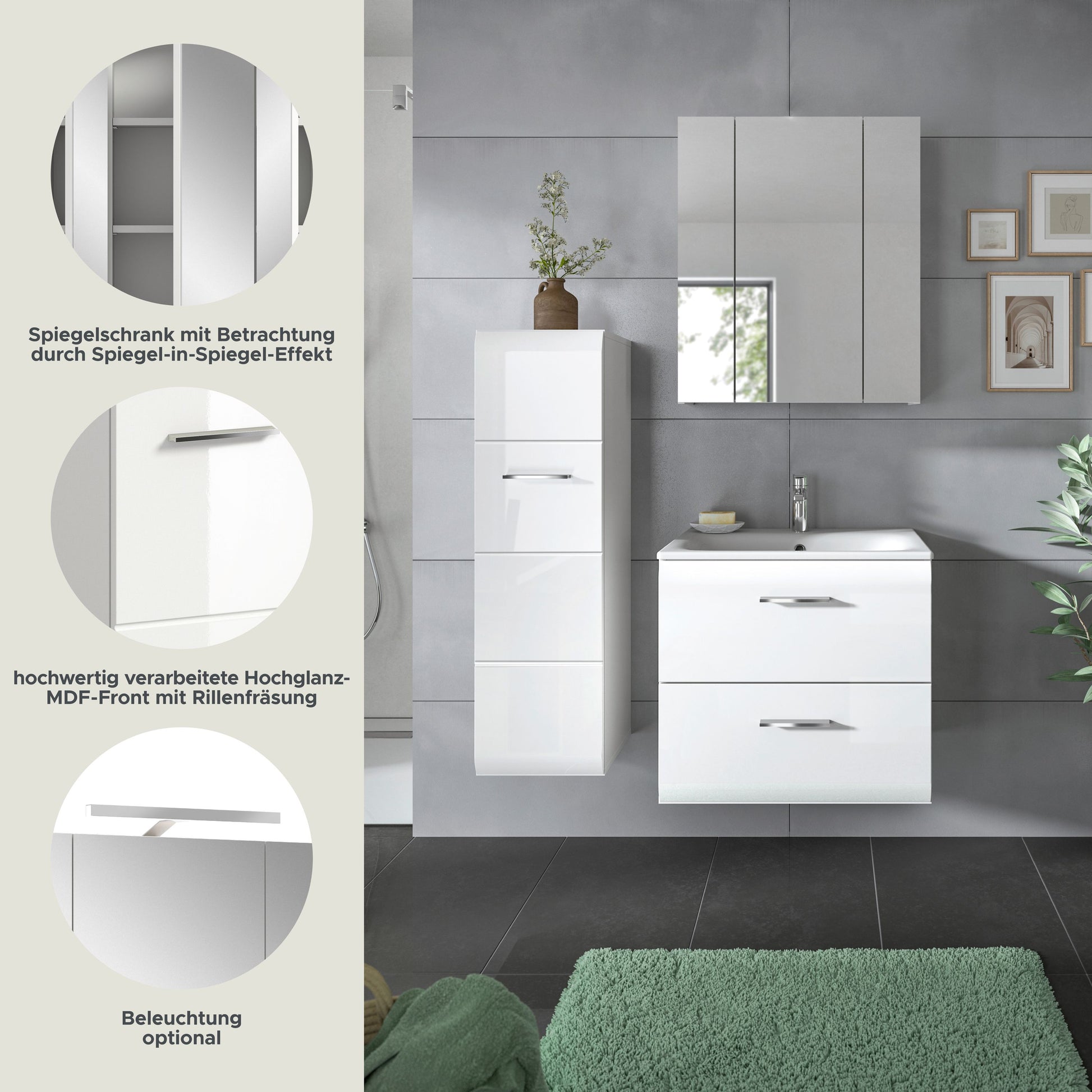 Badmöbel-Set mit Spiegelschrank und Waschtischunterschrank, Hochschrank mit Einlegeböden, weiß