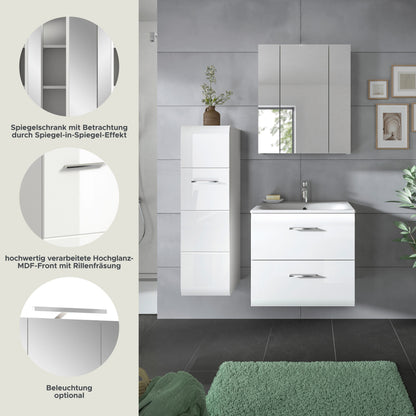 Badmöbel-Set mit Spiegelschrank und Waschtischunterschrank, Hochschrank mit Einlegeböden, weiß